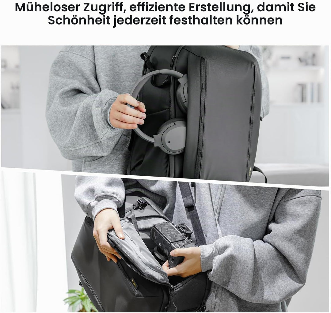 RaLeno Wasserdichter Kamerarucksack,25L+5L(erweiterbares Vorderfach) Fotorucksack, Seitentaschen mit