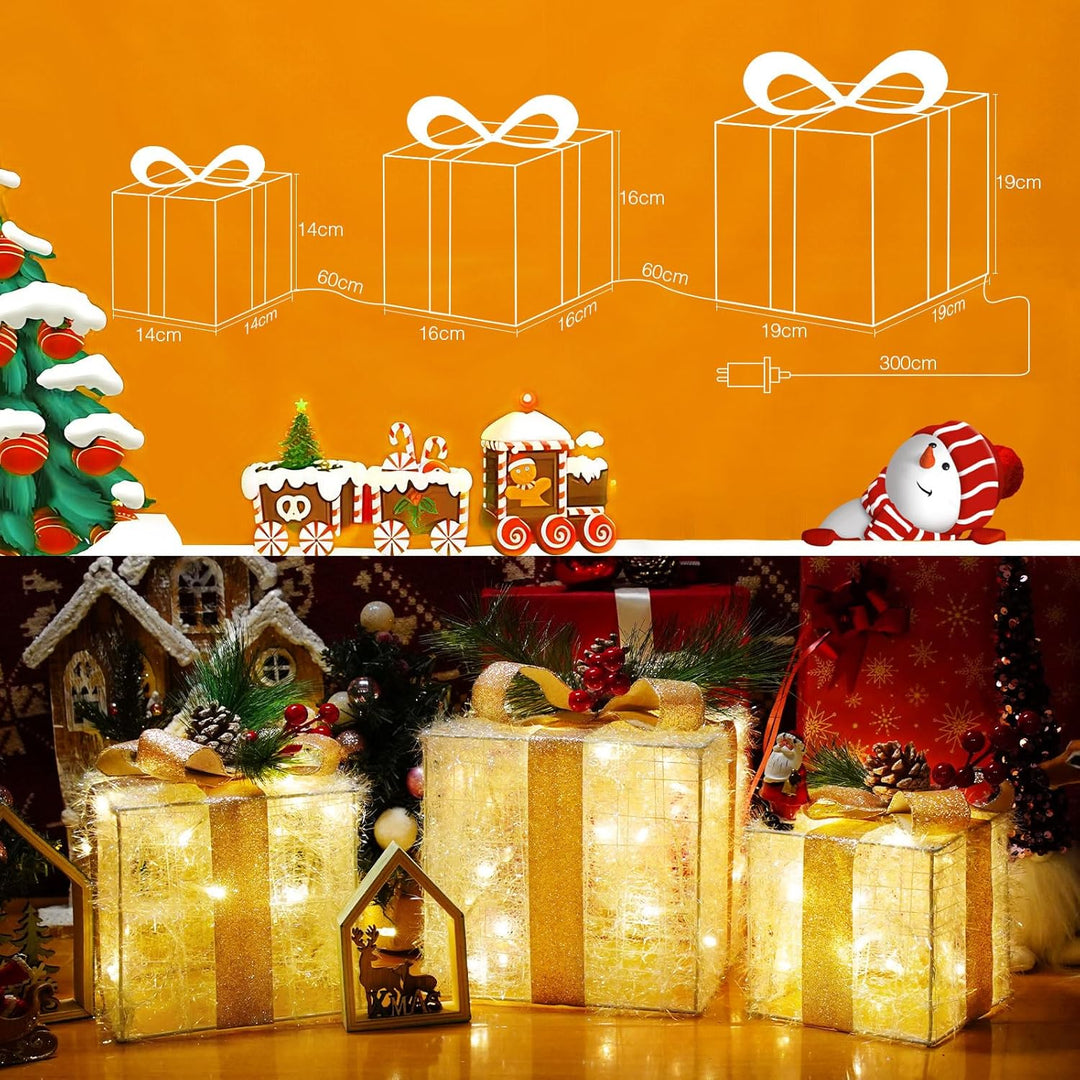 Quntis 3 Set LED Geschenkbox Weihnachten, Weihnachtsdeko Innen Strombetrieben, 60 warmweisse LEDs, B