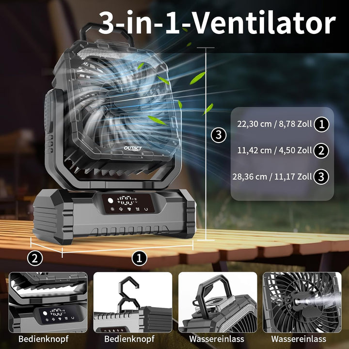 Ventilator Camping mit Sprühnebel, Akku Ventilator 20000mAh mit LED Licht, Haken, 270° Drehung, Trag