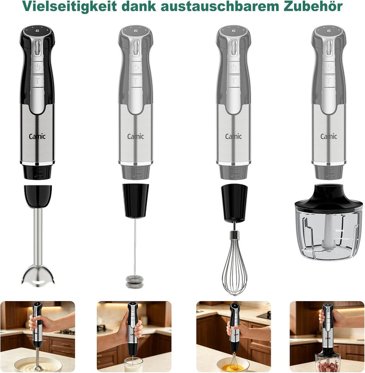 Camic Stabmixer, Kabelloser Elektrische Handmixer mit 6-Stufiger + Turbo, LED-Anzeige, 4-in-1 Tragba