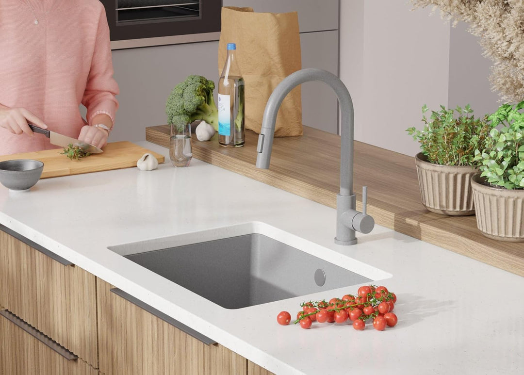 Unterbauspüle Granit Grau 56x44cm, Spülbecken 1 Becken + Ablauf-Set + Küchenarmatur, Granitspüle ab