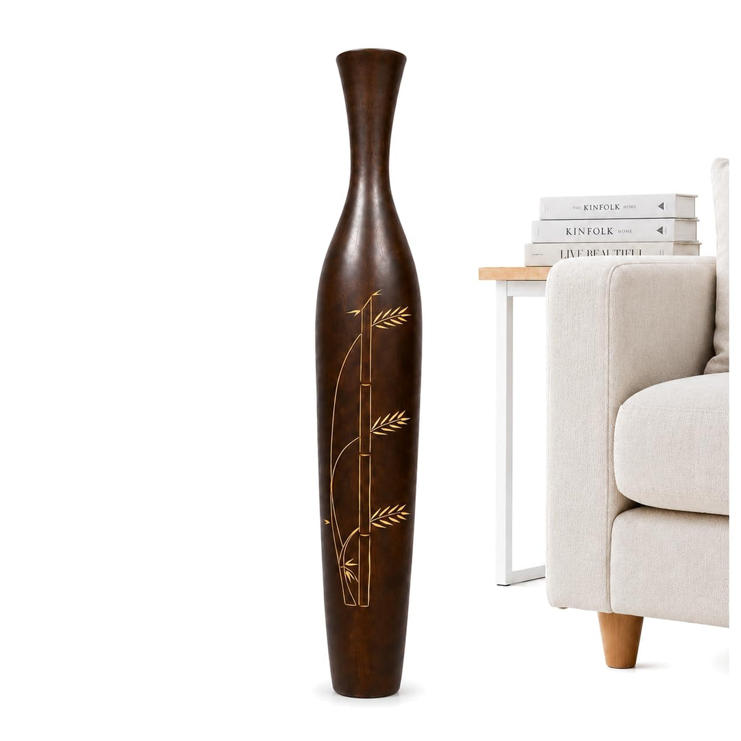 Leewadee Grosse Bodenvase für Dekozweige hohe Standvase Design Holzvase, Holz, 90 cm, Braun, 90 cm