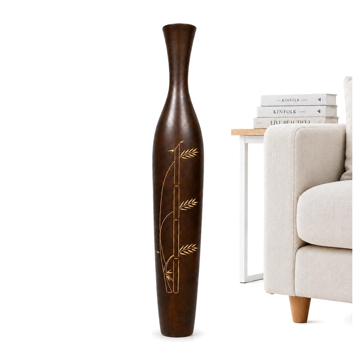 Leewadee Grosse Bodenvase für Dekozweige hohe Standvase Design Holzvase, Holz, 90 cm, Braun, 90 cm