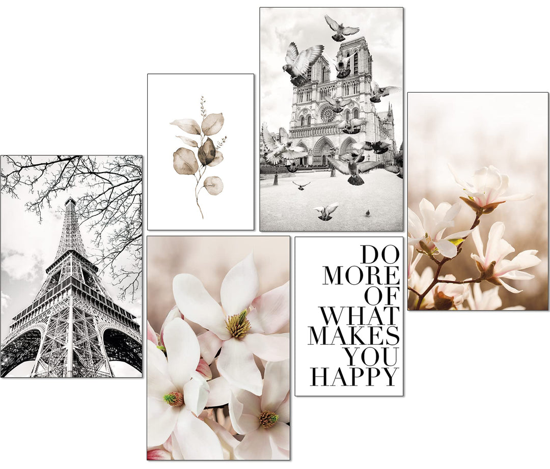 artpin® Moderne Poster Set - Bilder Wohnzimmer Deko Schlafzimmer - Paris Blumen schwarz weiss Bilder