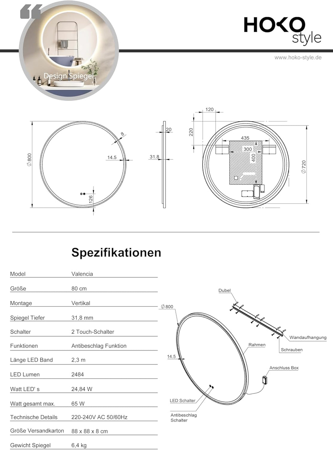 HOKO Antibeschlag LED Badspiegel rund 80 cm Bilbao mit Metall Rahmen Weiss. Touch Schalter + Memory
