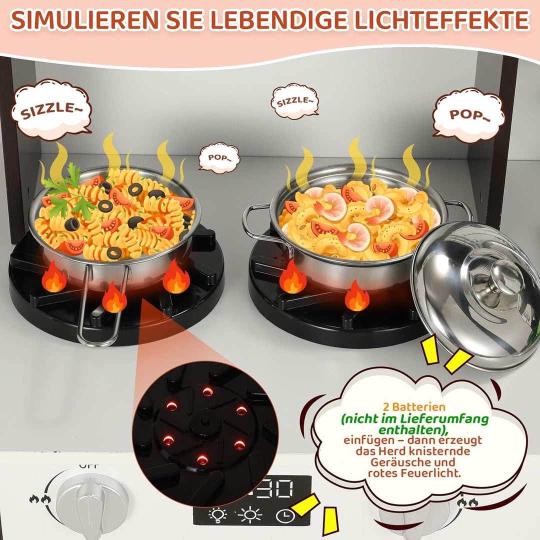 MAMIZO Kinderküche Holz, Spielküche mit Licht und Sound, Puppenküche Holz für Kinder, 90x30x90 cm ki
