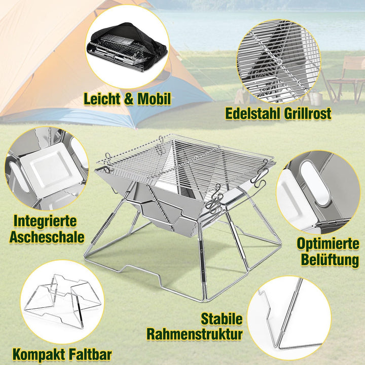 Faltbarer Grill aus 304 Edelstahl, Klappgrill mit Höhenverstellbarem Grillrost, Camping Grill kompak