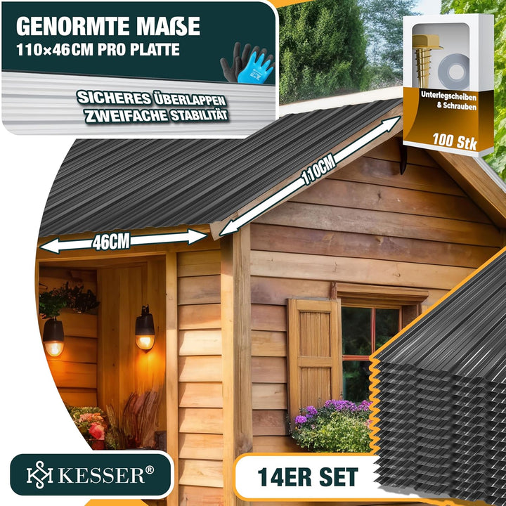 KESSER® 14x Profilblech Trapezblech 110cm x 46cm = 7 m² - Dachblech für Gerätehaus, Dachplatten Verz