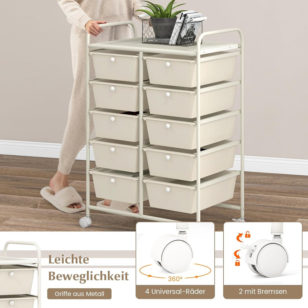 COSTWAY Rollwagen mit 10 stapelbaren Schubladen, Schubladenwagen Rollcontainer mit Metallgestell und