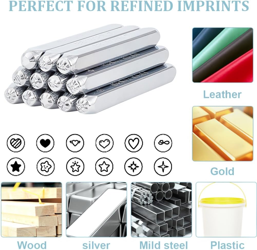 BENECREAT 12 Stück 3mm Metallstempel-Set, Herz-Stern-Muster Design Schnitzerei Prägestempel für Meta