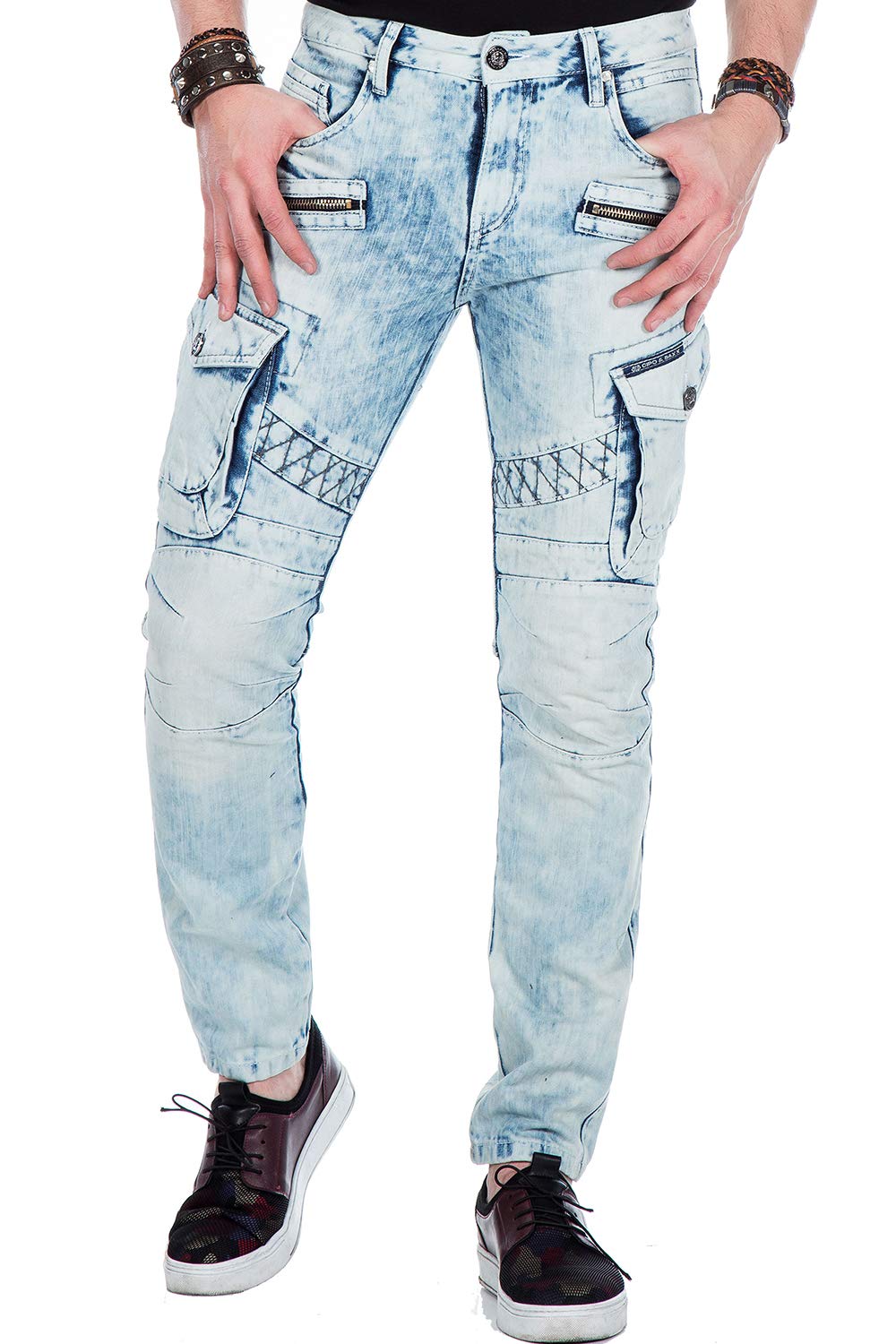 Cipo Baxx Herren Jeans Hose Slim Fit Cargo Design Denim Freizeit Hose Hellblau W32 L34
