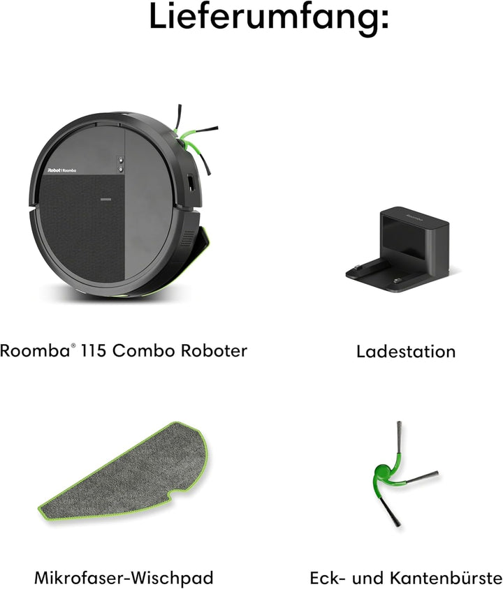 iRobot Roomba® 115 Combo Saug- und Wischroboter, 15k Pa Saugleistung, Bürsten und Wischpad reichen,