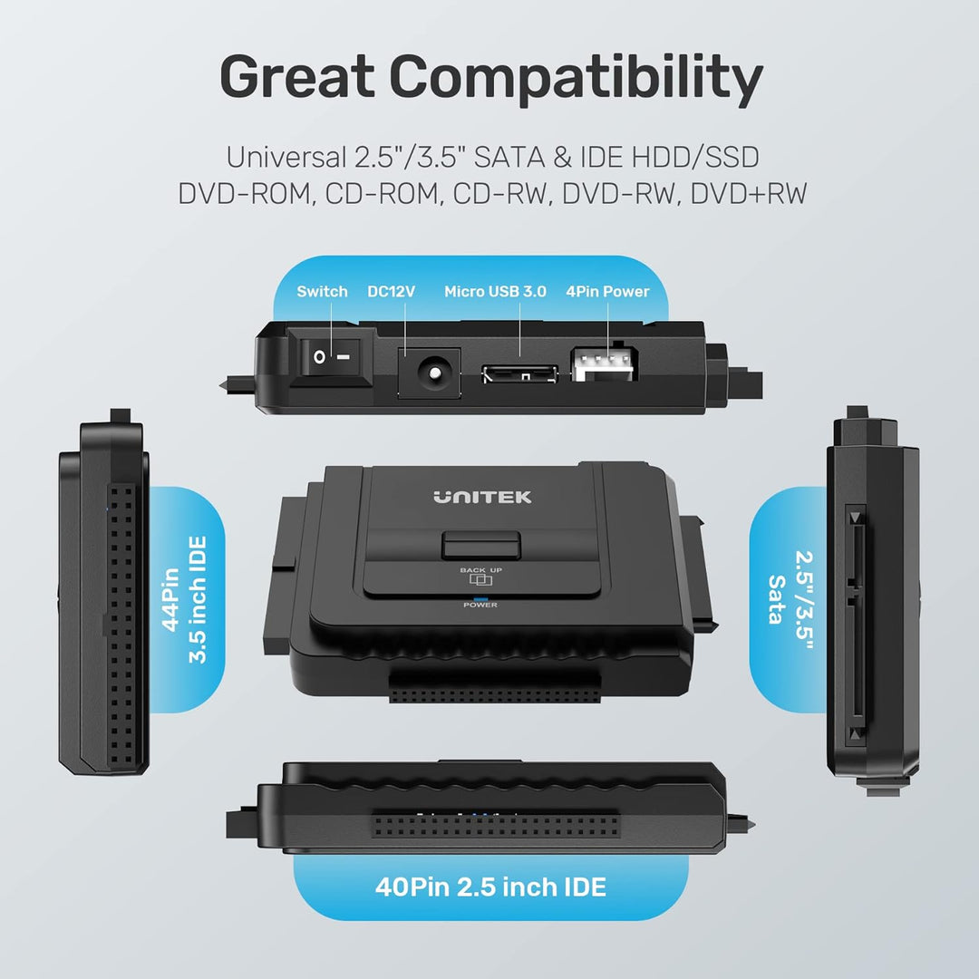 UNITEK SATA IDE zu USB C Festplattenadapter Konverter für universelle 2,5'' 3,5'' HDD/SSD Externe Fe