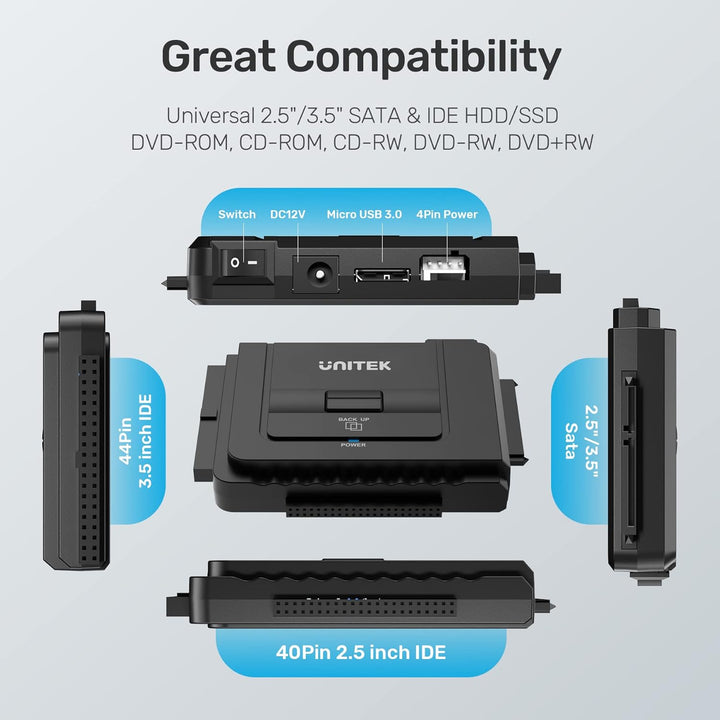 UNITEK SATA IDE zu USB C Festplattenadapter Konverter für universelle 2,5'' 3,5'' HDD/SSD Externe Fe