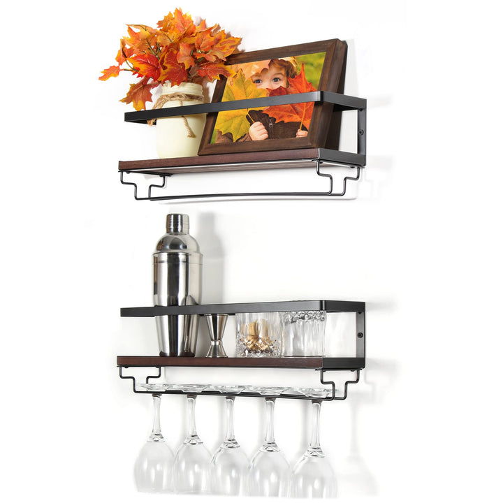 B4Life Wandmontierte Weinregal mit Glashalter, 2er Set Weinglasregal Holz, Vintage Flaschenregal aus