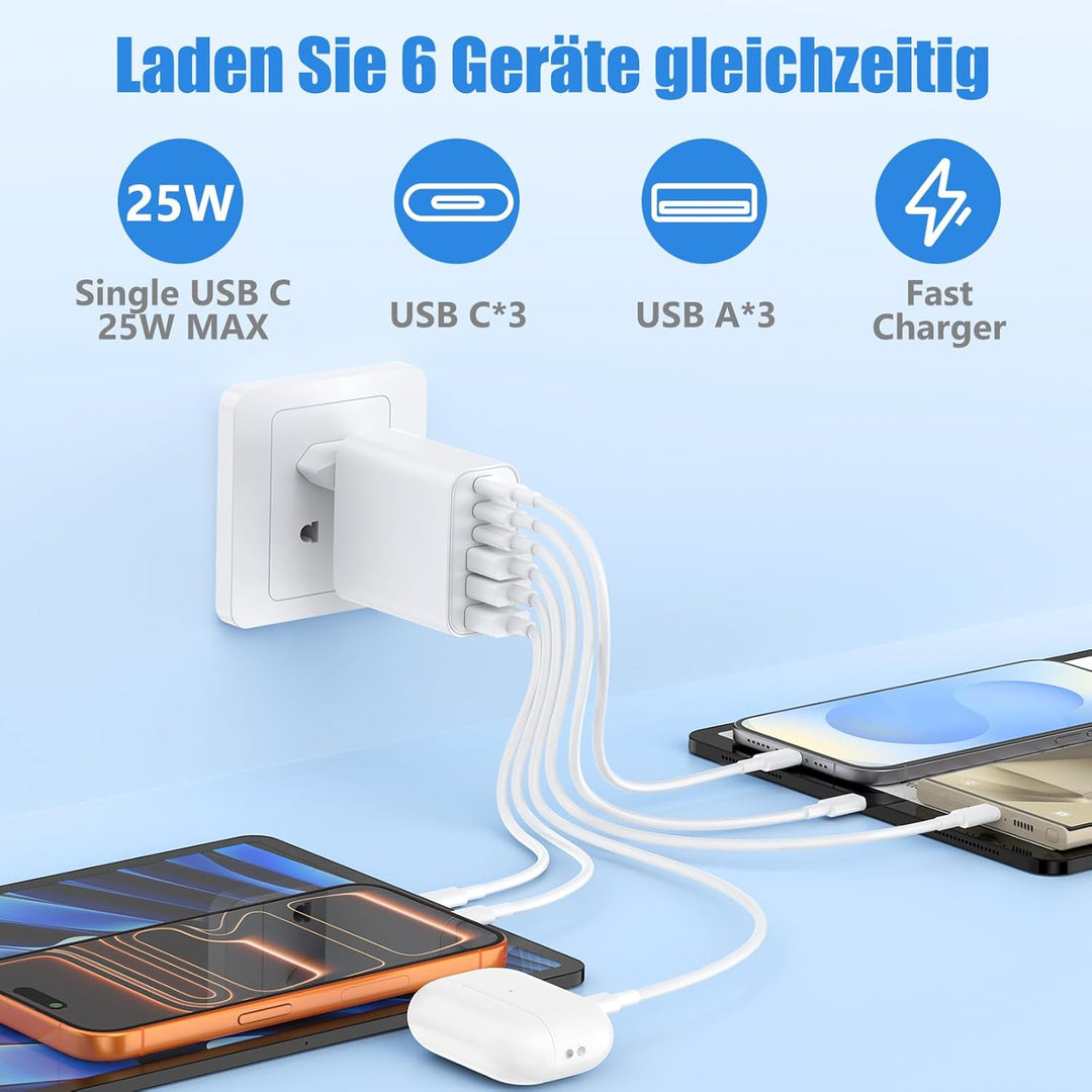 6-Ports USB C Ladegerät für iPhone 17/17E/16/15/14/13/12,65W Mehrfach Ladegerät mit USB-C und USB-A,