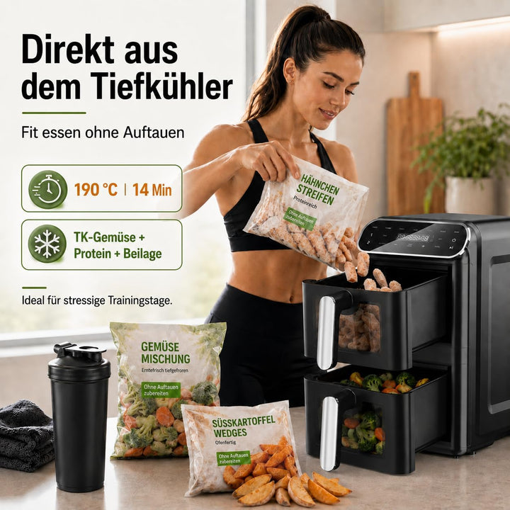 Heissluftfritteuse 2 Kammern übereinander 11L, platzsparende vertikale Doppelkammer, 2×5,5L Airfryer