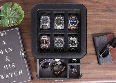 ROTHWELL Geschenkset 6 Slot Leder Uhrenbox und 2 Uhren Reiseetui - Luxus Uhrenetui Organizer, Aufbew