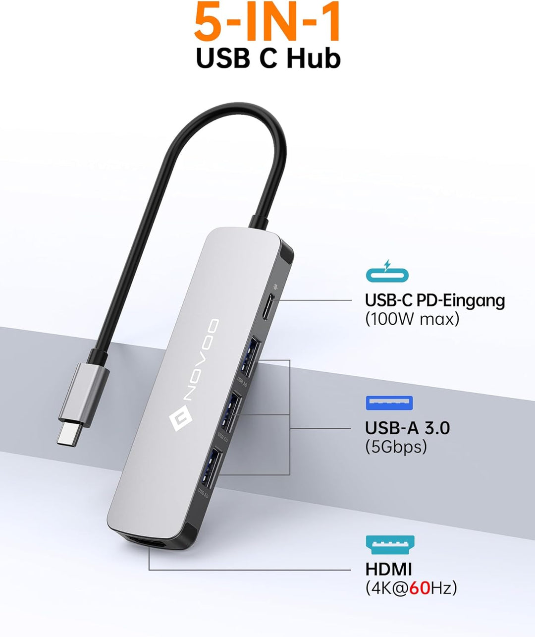 NOVOO USB C Hub Adapter MacBook Pro/Air M1 Adapter mit 4K HDMI,100W PD,3 x USB 3.0 Anschlüsse Alumin