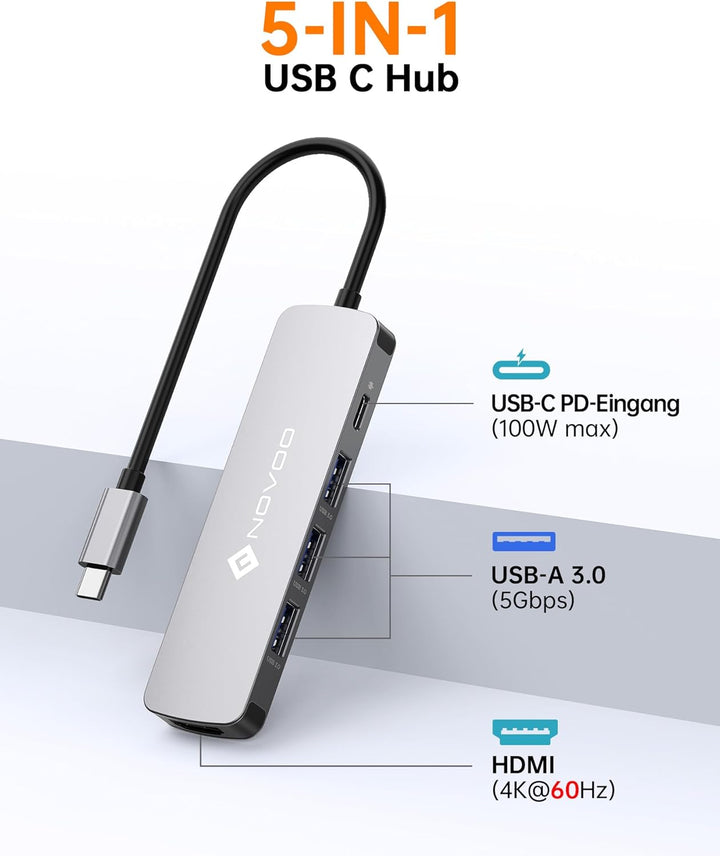 NOVOO USB C Hub Adapter MacBook Pro/Air M1 Adapter mit 4K HDMI,100W PD,3 x USB 3.0 Anschlüsse Alumin