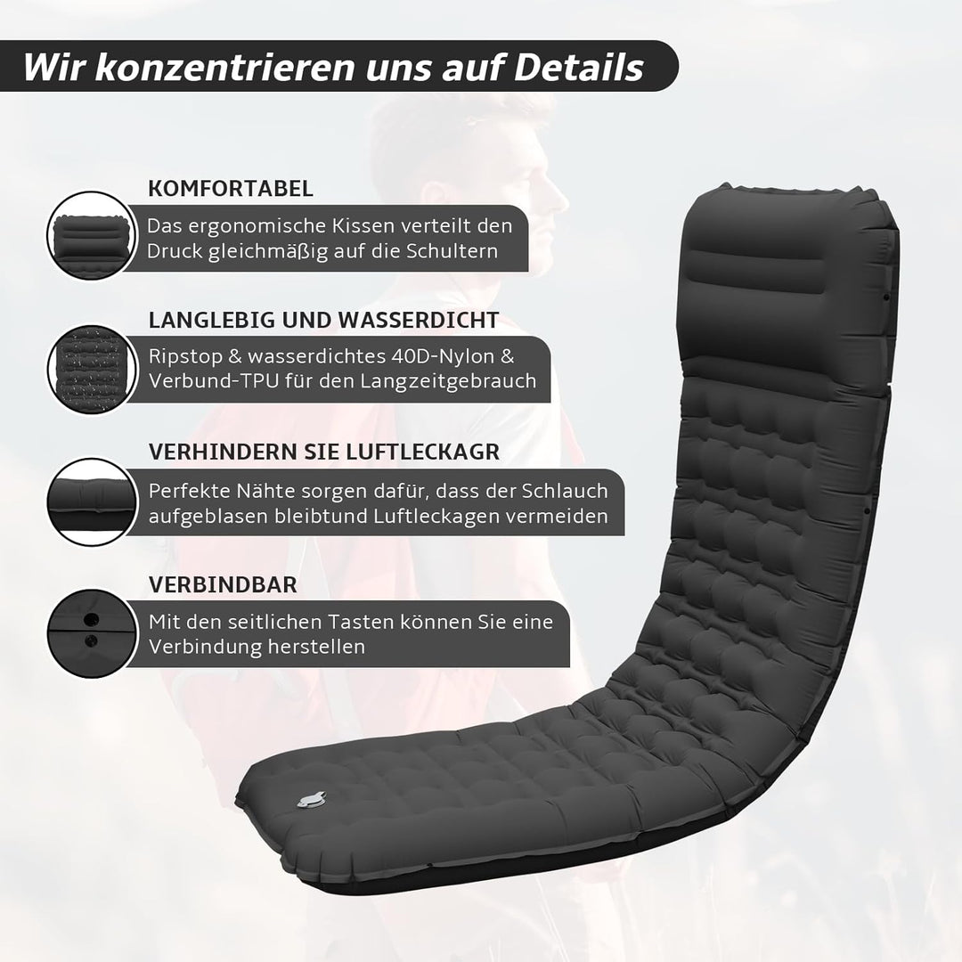 Aufblasbare Isomatte Camping mit Fusspumpe und Kopfkissen, 12 cm verdickt – Bequem, Ultraleicht, Kle