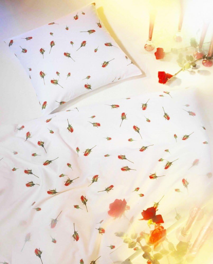 Kaeppel Mako Satin Bettwäsche 2 TLG. 155x220cm Rosen Rot Weiss Grün Knospen 155 cm x 220 cm Mehrfarb