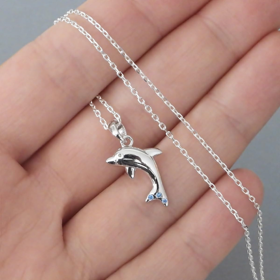 Goldene Hufeisen Mädchen Anhänger Kette Delfin mit Zirkonia Steine 38 cm Kinderkette Delphin Halsket
