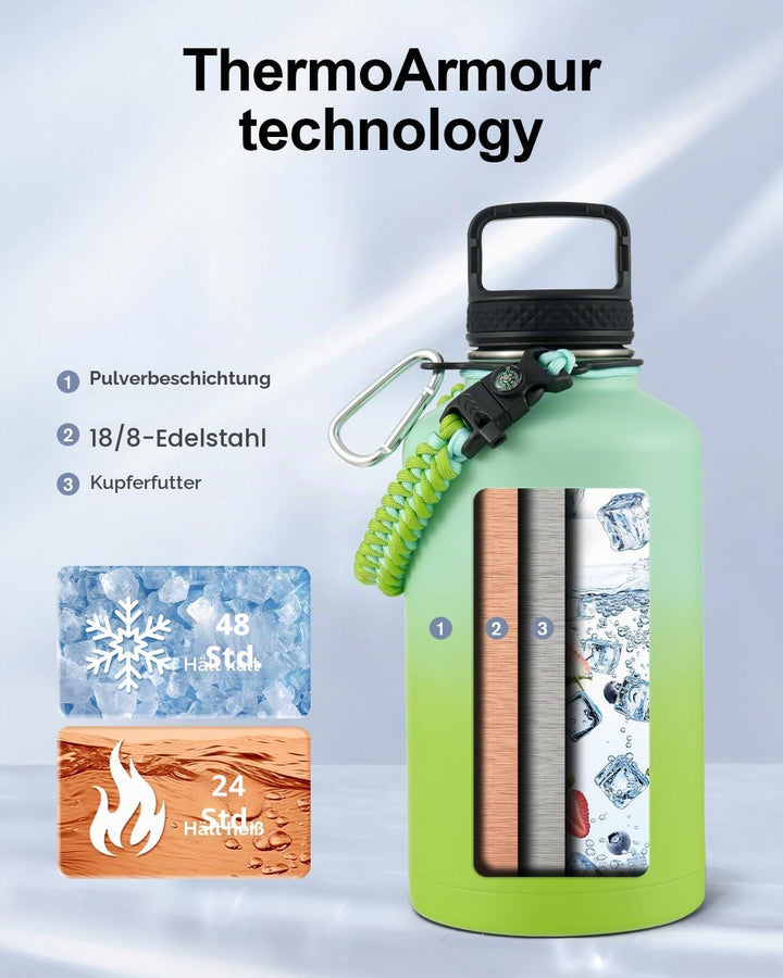 Trebo Isolierte Wasserflasche mit Paracord-Griff und Strohhalm, 1,8 l Fassungsvermögen, Edelstahl, g
