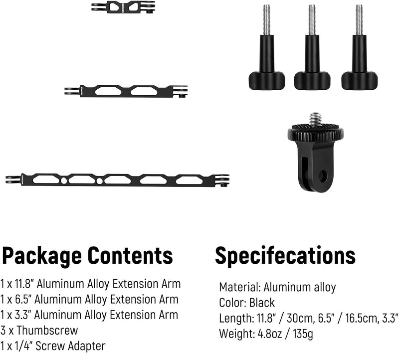 NEEWER Aluminiumlegierung Verlängerungsarm (11,8"/6,5"/3,3") Action Kamera Set mit 3 Rändelschrauben