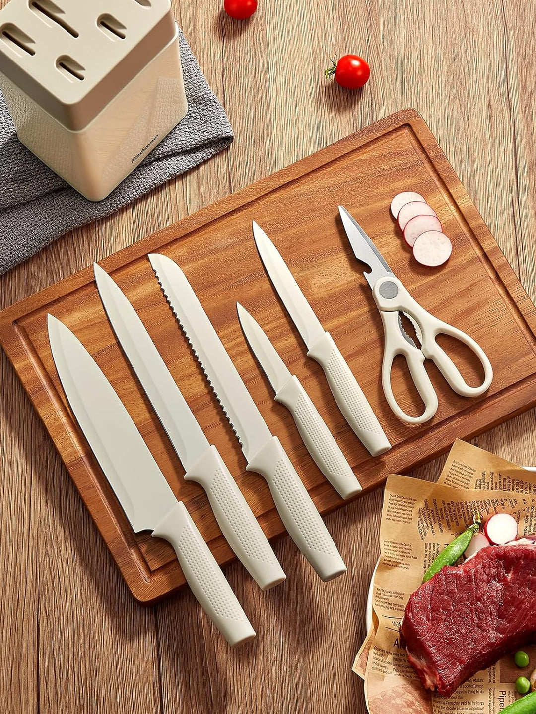 Yabano Messerblock Set, 7 teilig Messerset mit Messerblock und integriertem Messerschärfer,Küchenmes