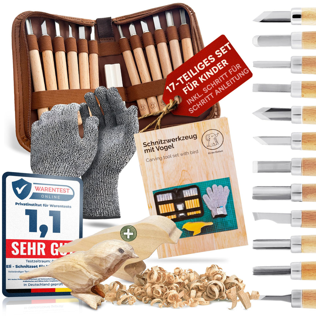 Eli® Schnitzset für Kinder (17-teilig) inkl. Schnitzanleitung - Rohling aus Holz Vogel - 12 hochwert