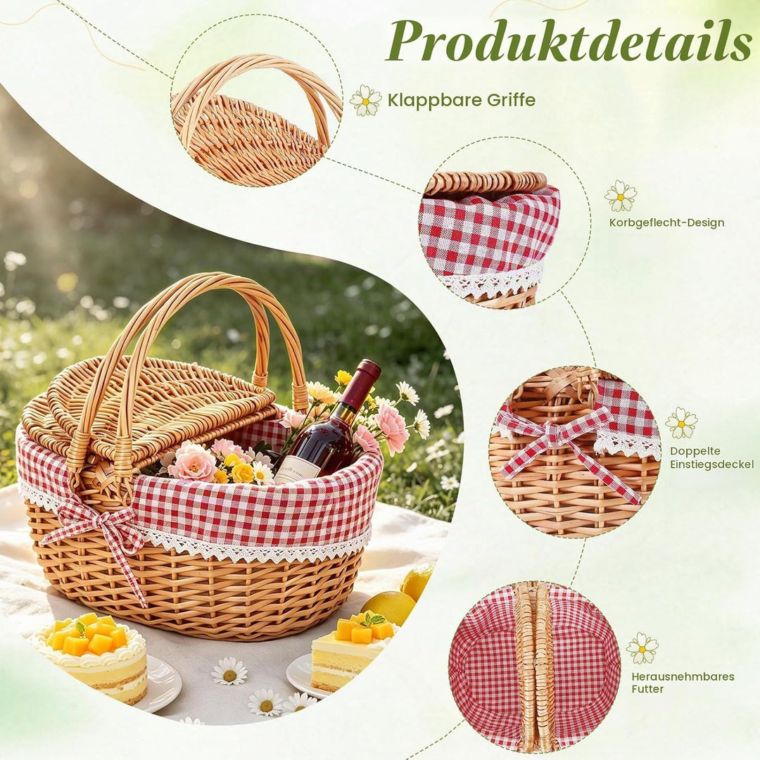 Picknickkorb,Picknickkorb 2 Personen mit Doppelt zu öffnendem Deckel und Klappbarem Griff,Picknick K