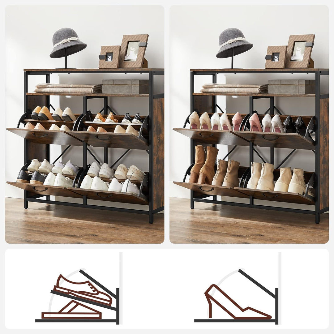 VASAGLE Schuhschrank, schmales Schuhregal, Schuhkipper mit 4 Klappen, für 12-20 Paar Schuhe, platzsp