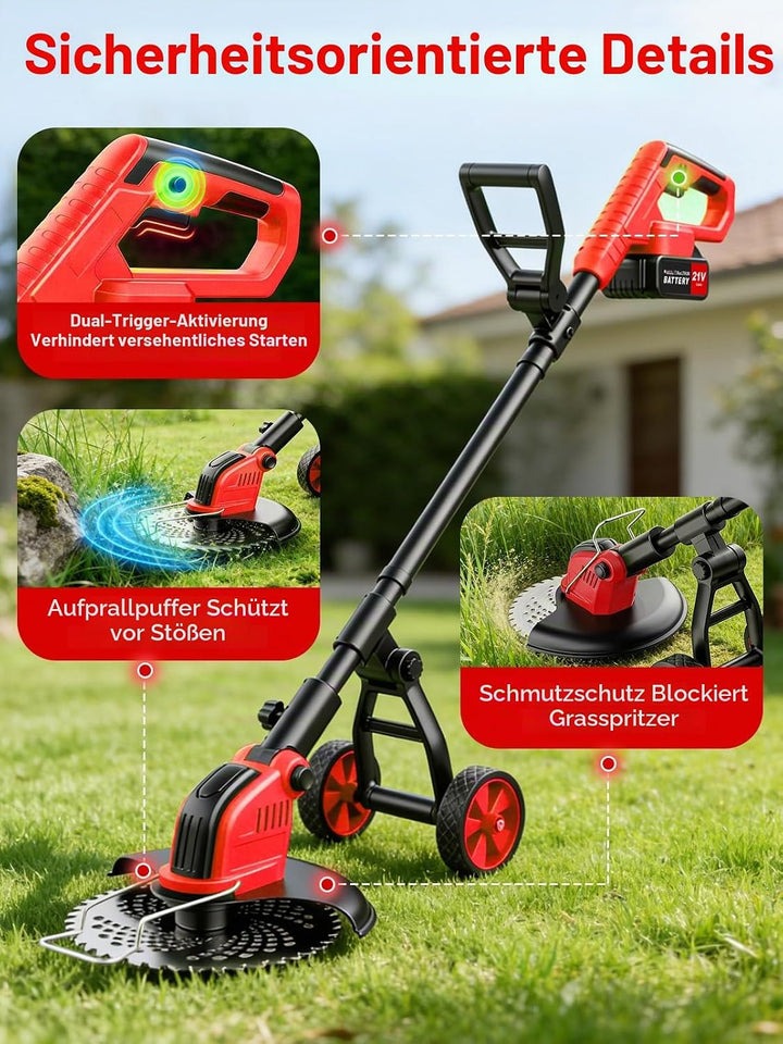 30CM Rasentrimmer mit Akku, 21V Akku Rasentrimmer mit 2 × 3.0Ah Akku&amp; Ladegerät, 20000U/min 4 Klinge
