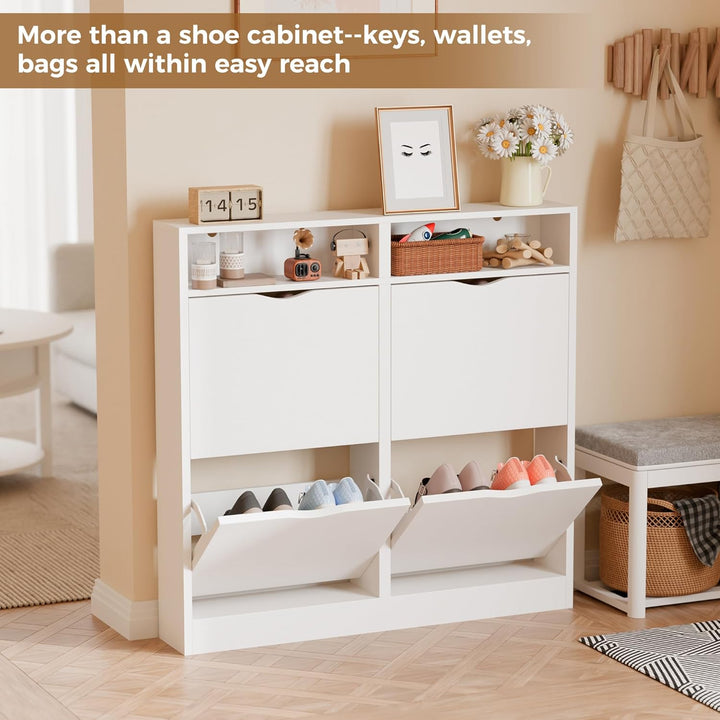 ELUCHANG Schuhschrank schmal mit 4 Klappen Platzsparender, Schuhkipper Schuhkommode, Geschlossen Sch
