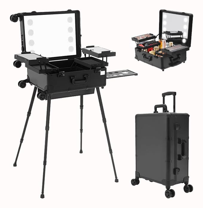 Profi Kosmetikkoffer Trolley mit 4 Rollen & Beleuchtung & Spiegel,Make up Organizer Koffer Schminkko
