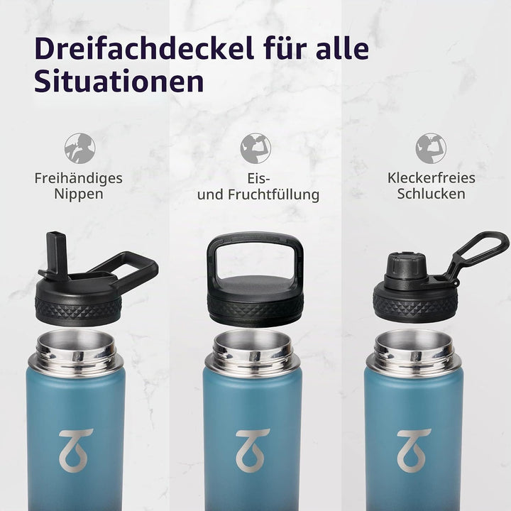 Trebo Trinkflasche Edelstahl, Thermosflasche mit Strohhalm mit Paracord-Griff &amp; 3 Deckeln, Edelstahl