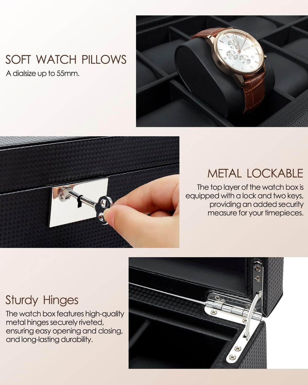 KILHS Uhrenbox mit 10 Fächern, Uhrenkasten mit grossem Glasdeckel, herausnehmbares Uhrenkissen, absc