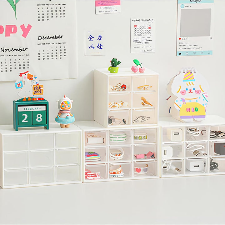 2 Stück Bastelbox Aufbewahrung mit 9 Schubladen, Mini Desktop Schublade Organizer, Stapelbar Desktop
