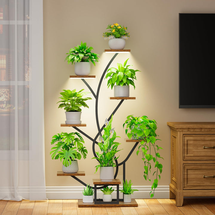 Pflanzenständer mit Wachstumslicht - 8 Ebenen Blumenständer 126cm Metall Holz Pflanzenregal - Innen