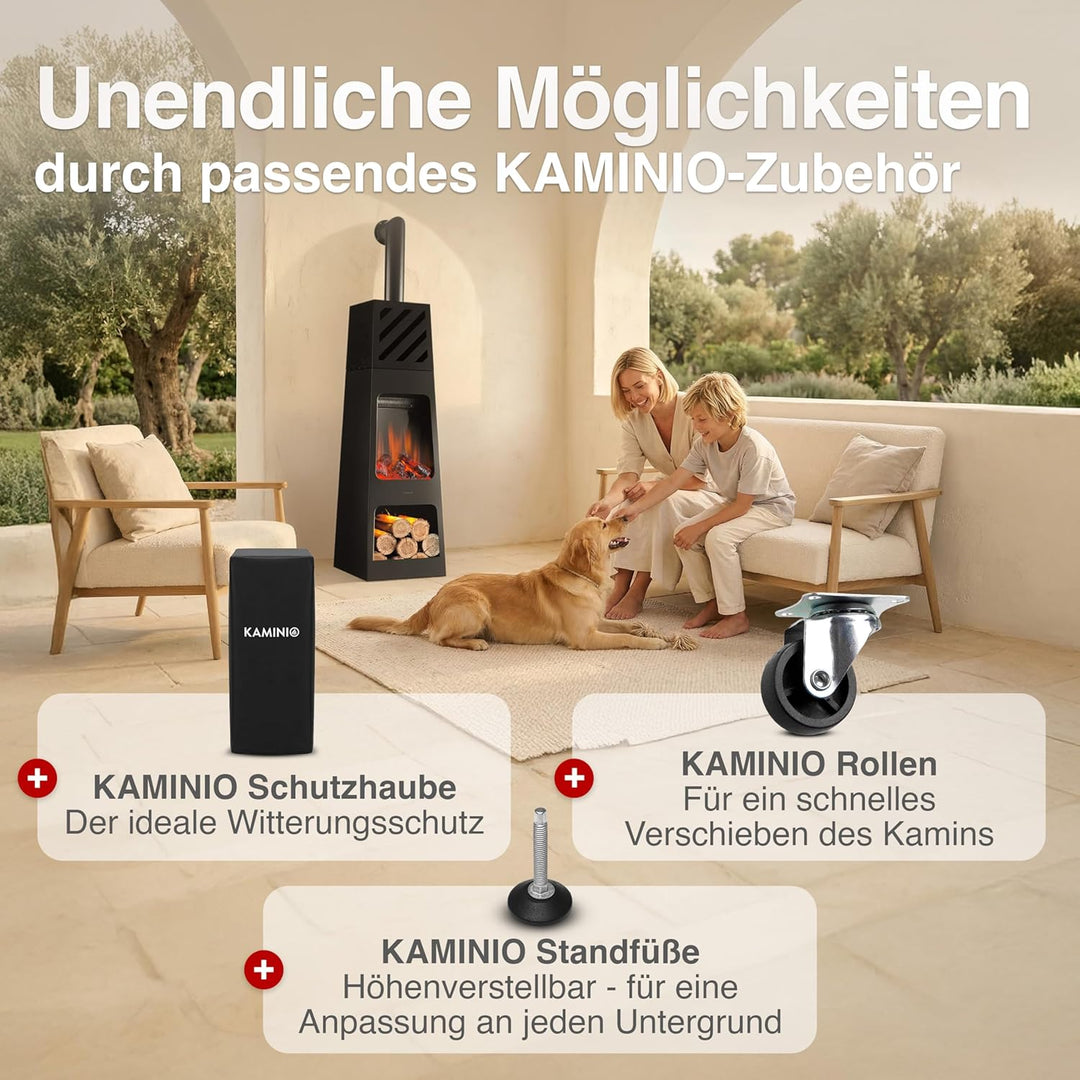 KAMINIO Elektrischer Gartenkamin Kai mit Ofenrohr - Elektro Terrassenofen mit Heizung, 3D-Flammeneff