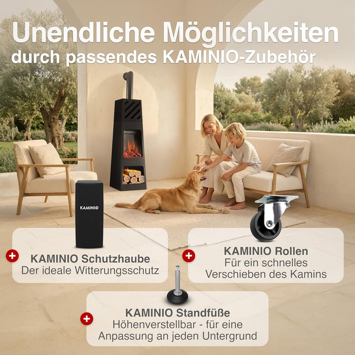 KAMINIO Elektrischer Gartenkamin Kai mit Ofenrohr - Elektro Terrassenofen mit Heizung, 3D-Flammeneff