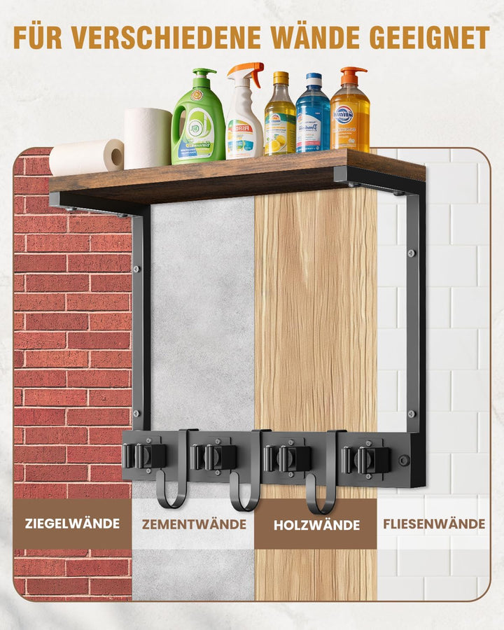 Supforce Besenhalter Wandmontage mit oberer Holzablage, robuster Gerätehalter aus Metall für Reinigu