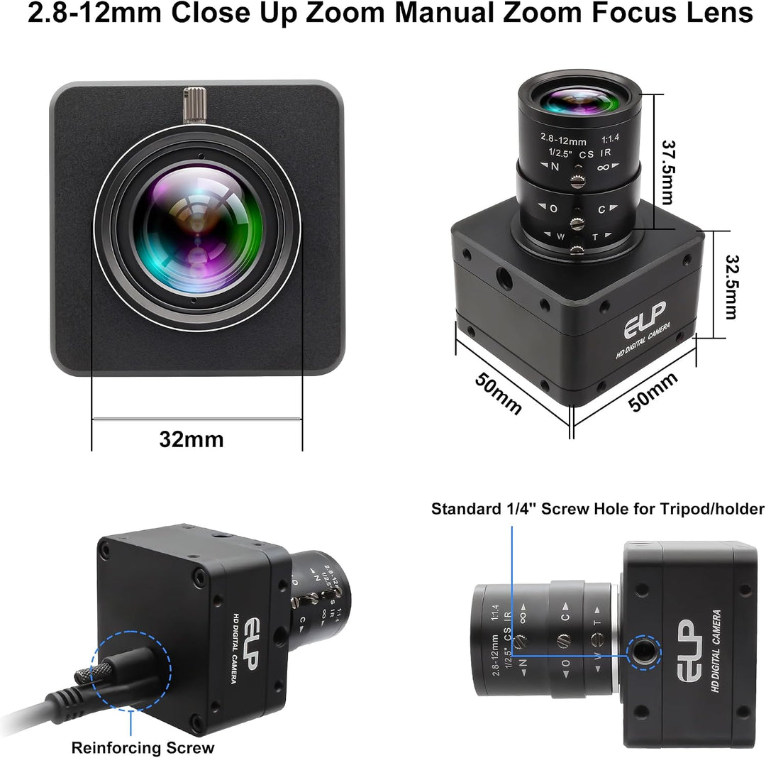 ELP 60fps USB 3.0 Kamera, High-Speed-Global-Shutter, 5-MP-Webcam, 4X 2,8–12 mm manuelles Varioobjekt