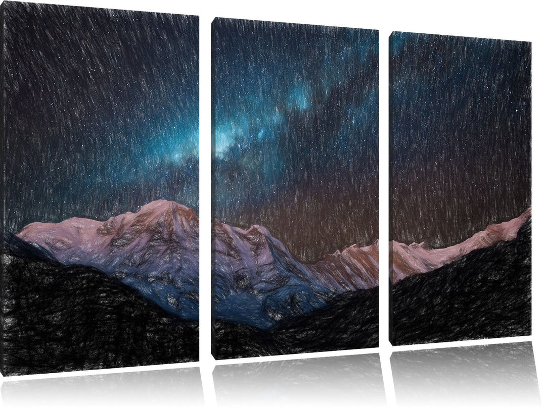 Pixxprint Annapurna bei Nacht / 3-Teilig/Gesamtmass 120cm Leinwandbild bespannt auf Holzrahmen/Wandb