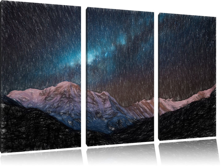 Pixxprint Annapurna bei Nacht / 3-Teilig/Gesamtmass 120cm Leinwandbild bespannt auf Holzrahmen/Wandb