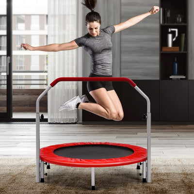 GYMAX Ø101 cm Mini Trampolin klappbar, Fitness Trampolin mit 4-stufig verstellbarem Haltegriff, Gart