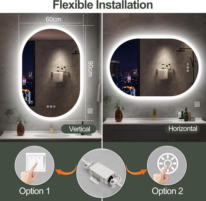 S'bagno Badspiegel-mit-Beleuchtung 60x90cm, Oval-Badezimmerspiegel-mit-Beleuchtung und Bluetooth, En