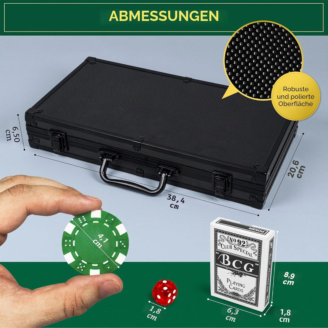 Queensell Pokerkoffer mit 300 Poker Chips für Texas Holdem – Profi Poker Set mit Aluminium Koffer, P