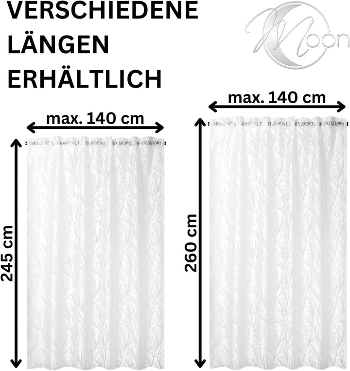Moon 2er Pack Vorhang Ronny Gardine, Schlaufenvorhang ca. 260x140 cm mit Ausbrenner Äste Motiv - wei